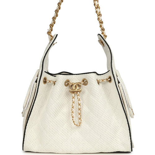 Chanel Small 25 Hobo Bag White Raffia and Black Calfskin Antique Gold Hardware