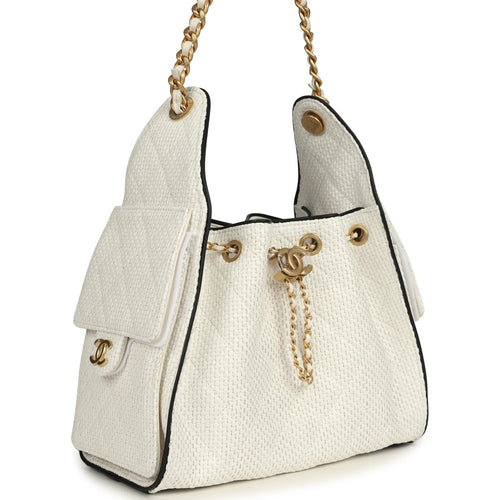 Chanel Small 25 Hobo Bag White Raffia and Black Calfskin Antique Gold Hardware
