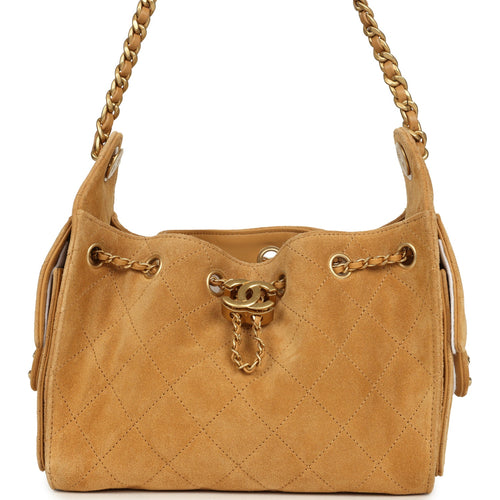 Chanel Mini 25 Hobo Bag Tan Suede Antique Gold Hardware