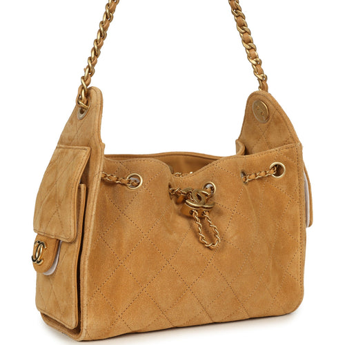 Chanel Mini 25 Hobo Bag Tan Suede Antique Gold Hardware