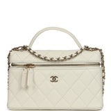 Chanel Trendy Top Handle Long Vanity Case with Chain White Caviar Light Gold Hardware