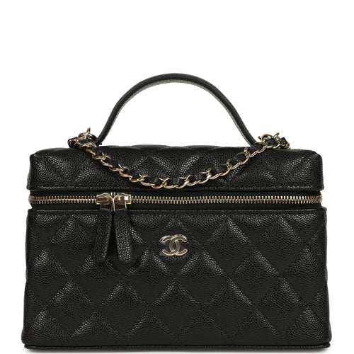 Chanel Top Handle Long Vanity Case with Chain Black Caviar Light Gold Hardware