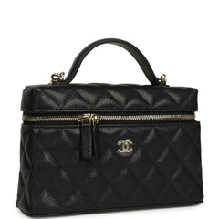 Chanel Top Handle Long Vanity Case with Chain Black Caviar Light Gold Hardware