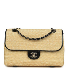 Chanel Large Flap Bag Beige Raffia and Black Lambskin Light Gold Hardware