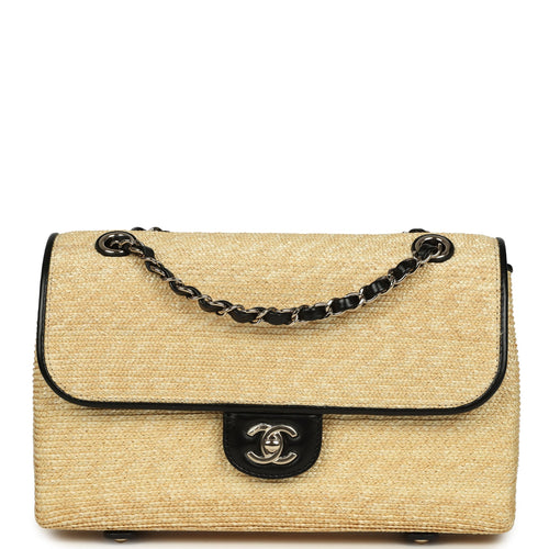 Chanel Large Flap Bag Beige Raffia and Black Lambskin Light Gold Hardware