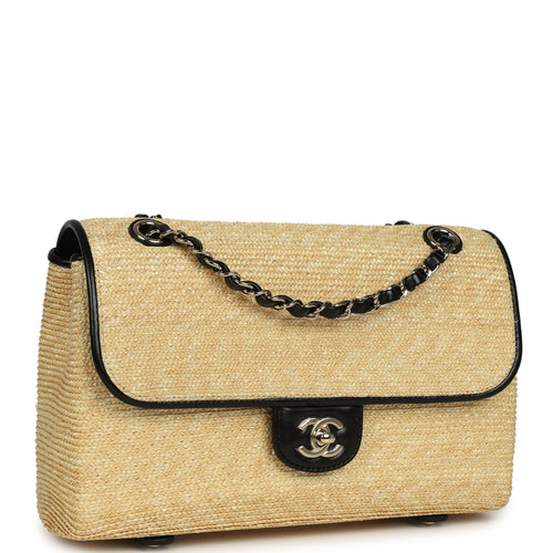 Chanel Large Flap Bag Beige Raffia and Black Lambskin Light Gold Hardware