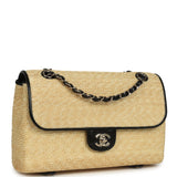 Chanel Large Flap Bag Beige Raffia and Black Lambskin Light Gold Hardware