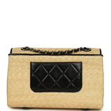 Chanel Large Flap Bag Beige Raffia and Black Lambskin Light Gold Hardware
