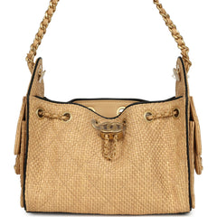 Chanel Mini 25 Hobo Bag Beige Raffia and Black Calfskin Antique Gold Hardware