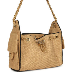 Chanel Mini 25 Hobo Bag Beige Raffia and Black Calfskin Antique Gold Hardware