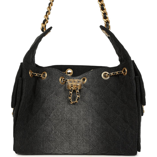 Chanel Small 25 Hobo Bag Black Washed Denim Antique Gold Hardware