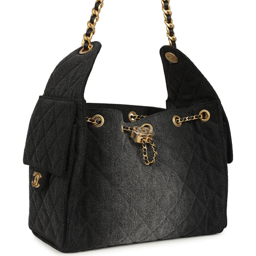 Chanel Small 25 Hobo Bag Black Washed Denim Antique Gold Hardware