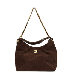 Chanel Maxi Hobo Bag Dark Brown Suede Antique Gold Hardware