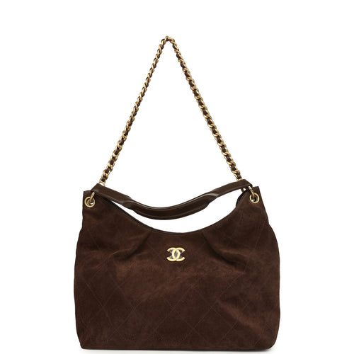 Chanel Maxi Hobo Bag Dark Brown Suede Antique Gold Hardware