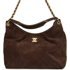 Chanel Maxi Hobo Bag Dark Brown Suede Antique Gold Hardware