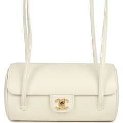 Chanel Preppy Coco Bowling Bag White Shiny Caviar Brushed Gold Hardware