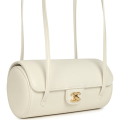 Chanel Preppy Coco Bowling Bag White Shiny Caviar Brushed Gold Hardware