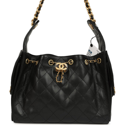 Chanel Small 25 Hobo Bag Black Caviar Antique Gold Hardware