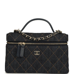 Chanel Top Handle Long Vanity Case with Chain Dark Blue Denim Light Gold Hardware