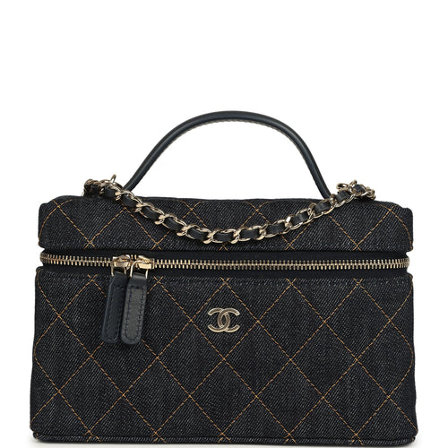 Chanel Top Handle Long Vanity Case with Chain Dark Blue Denim Light Gold Hardware