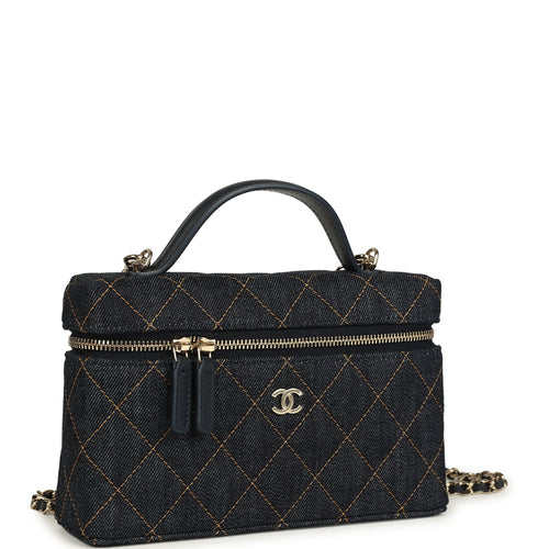 Chanel Top Handle Long Vanity Case with Chain Dark Blue Denim Light Gold Hardware