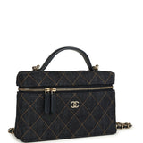 Chanel Top Handle Long Vanity Case with Chain Dark Blue Denim Light Gold Hardware