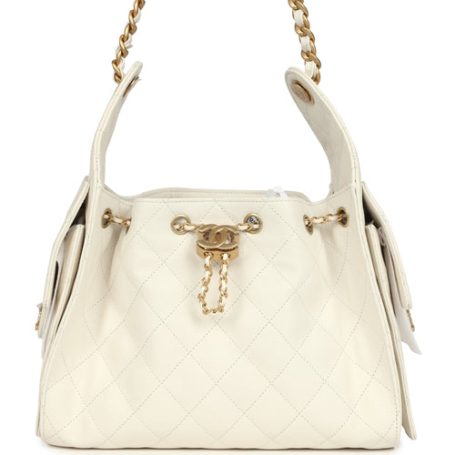 Chanel Small 25 Hobo Bag White Caviar Antique Gold Hardware