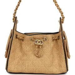 Chanel Mini 25 Hobo Bag Beige Raffia and Black Calfskin Antique Gold Hardware