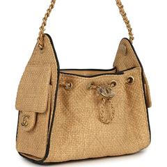 Chanel Mini 25 Hobo Bag Beige Raffia and Black Calfskin Antique Gold Hardware