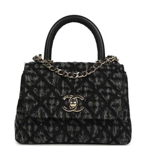 Chanel Nano Coco Top Handle Flap Bag Black Washed Denim Light Gold Hardware