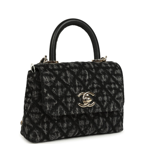 Chanel Nano Coco Top Handle Flap Bag Black Washed Denim Light Gold Hardware