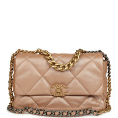 Chanel Large 19 Flap Bag Beige Iridescent Lambskin Mixed Metal Hardware