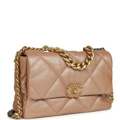 Chanel Large 19 Flap Bag Beige Iridescent Lambskin Mixed Metal Hardware