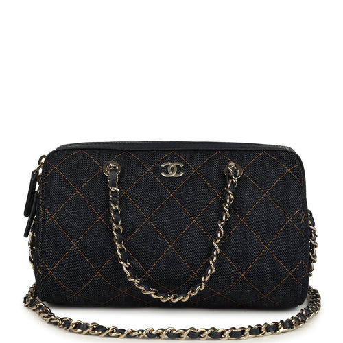 Chanel Mini Timeless Classic Barrel Bag with Chain Dark Blue Denim Light Gold Hardware