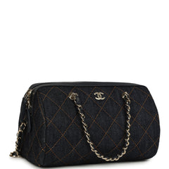 Chanel Mini Timeless Classic Barrel Bag with Chain Dark Blue Denim Light Gold Hardware