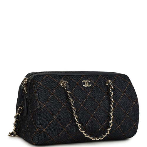 Chanel Mini Timeless Classic Barrel Bag with Chain Dark Blue Denim Light Gold Hardware