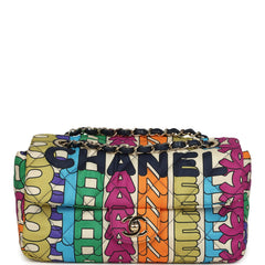 Pre-owned Chanel Medium Logo Flap Bag Rainbow Multicolored Printed Nylon Light Gold Hardware