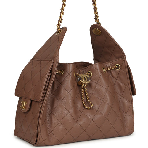 Chanel Small 25 Hobo Bag Brown Caviar Antique Gold Hardware