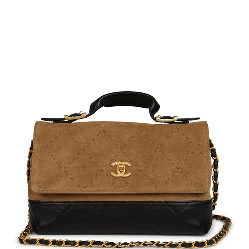 Chanel Coco Base Top Handle Flap Bag Brown Suede and Black Shiny Lambskin Brushed Gold Hardware