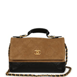 Chanel Coco Base Top Handle Flap Bag Brown Suede and Black Shiny Lambskin Brushed Gold Hardware