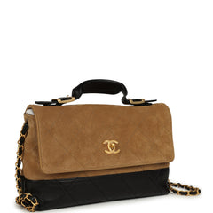 Chanel Coco Base Top Handle Flap Bag Brown Suede and Black Shiny Lambskin Brushed Gold Hardware