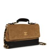 Chanel Coco Base Top Handle Flap Bag Brown Suede and Black Shiny Lambskin Brushed Gold Hardware