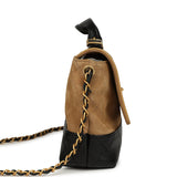 Chanel Coco Base Top Handle Flap Bag Brown Suede and Black Shiny Lambskin Brushed Gold Hardware
