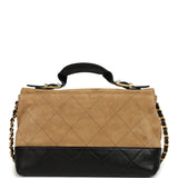 Chanel Coco Base Top Handle Flap Bag Brown Suede and Black Shiny Lambskin Brushed Gold Hardware