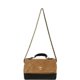 Chanel Coco Base Top Handle Flap Bag Brown Suede and Black Shiny Lambskin Brushed Gold Hardware
