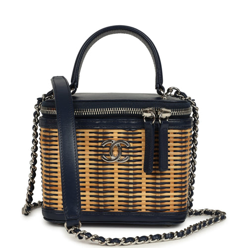 Pre-owned Chanel Small Top Handle Vanity Case Beige Raffia and Navy Calfskin Silver Hardware