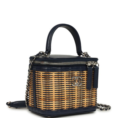 Pre-owned Chanel Small Top Handle Vanity Case Beige Raffia and Navy Calfskin Silver Hardware
