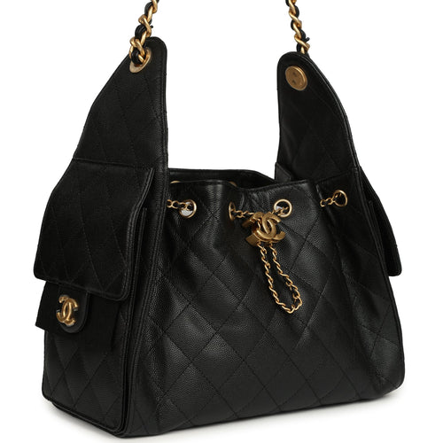 Chanel Small 25 Hobo Bag Black Caviar Antique Gold Hardware
