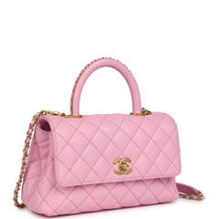 Pre-owned Chanel Mini Coco Top Handle Flap Bag Light Pink Caviar Brushed Gold Hardware