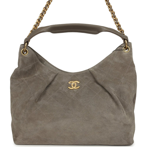 Chanel Maxi Hobo Bag Dark Grey Suede Antique Gold Hardware